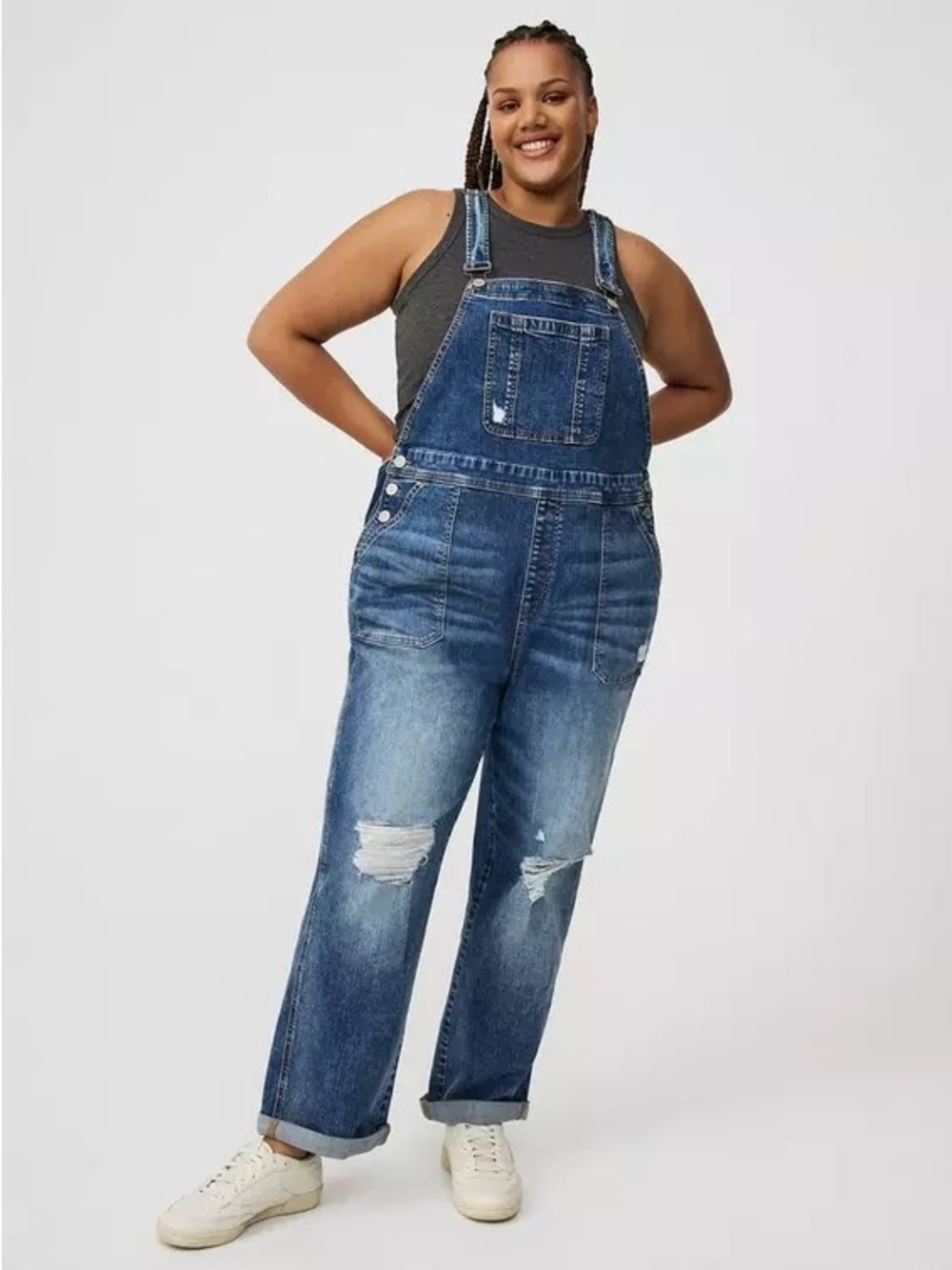 torrid Blue Distressed Straight-Leg Denim Overalls - Picture 2 of 6